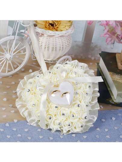 1pc Wedding Ring Holder Pillow Heart Shape Lace Rose Flower Romantic Rhinestone Crystalwith Ribbon Bowknot Ring Box,Romantic Wedding Ceremony Favors Jewelry Case,For Wedding Proposal Ceremony Supplies