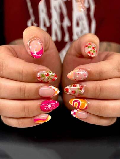 Enhance Your Fashion Taste! 24 Piece Set Of Medium To Long Almond Shaped Spring/Summer Fresh And Beautiful Nail Art Patches With French Strawberry Cherry Pattern Design. Detachable Fake Nail Set, Press Type Nail Piece, Perfectly Fits The Mid Size Fake Nail Set, Including: 1 Jelly Glue And 1 Nail File. Suitable For Daily Wear By Women And Girls, Parties, Vacations, And Other Occasions