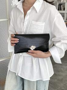 2026 New Glossy Envelope Clutch Bag, High-End Elegant Evening Bag, Versatile Korean Style Minimalist Large Capacity Flap Lock Shoulder Envelope Bag - Black - View 4