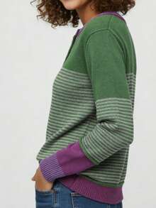 Blusa de punto de bloques de colores, suéter informal y elegante con cuello de media cremallera, versátil - Verde Oscuro - Ver 6