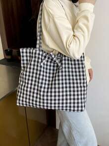 2025新款韩版格子蝴蝶结帆布手提包，清新单肩包，大容量，适合上学、通勤、旅行 - 黑色 - 查看 2