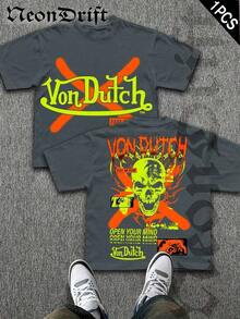 SummerNeonDrift Street Double-Sided Printing Cotton T-Shirt 100% Cotton Fabric Unisex Style-Men T Shirt Skull Graphic Print Neon Yellow Orange Cross Design Streetwear Fashion Casual Wear For Urban Style Fans Hip Hop Look Breathable 100 Cotton Comfortable FitLoose And Comfortablesummer Clothes - Dark Grey - View 11