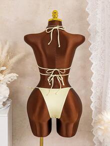 Bộ bikini hai mảnh màu vàng nhạt có gân, kiểu buộc dây hai bên, thích hợp mặc đi biển mùa hè cho nữ. - Màu vàng - Xem 4