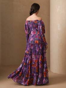 Elegant Romantic Off-Shoulder Long Sleeve Layered Hem Dress, Vacation Style Spring - Purple - View 3