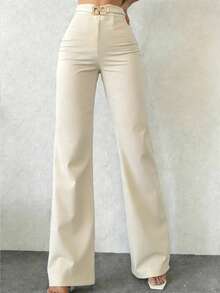 女士杏色休闲优雅直筒裤，腰部饰有金属装饰，杏色长裤，女士休闲裤，优雅女士长裤，户外裤，春季穿搭，春季服装，适合日常穿着、办公室通勤、约会、度假，春夏秋冬四季皆宜。 - 杏色 - 查看 5