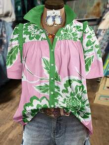 Floral Print V-Neck Puff Sleeve Top For Spring And Summer, Women'S Clothing - [Nhiều màu] - Xem 3