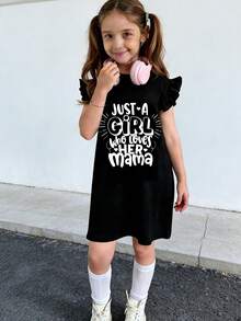 Vestido casual minimalista con estampado de eslogan para adolescentes, conjunto cómodo y elegante - Negro - Ver 1