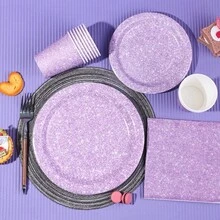 10件/20件/50件装紫色闪光纸盘、纸杯、餐巾纸，韩流紫色餐具，派对纸盘，女士闪光生日一次性餐具套装 - 9+7英寸闪光盘+餐巾纸+纸杯，带有流动紫色沙粒效果 - 查看 7