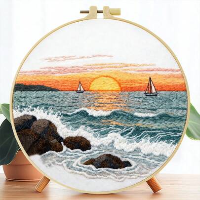 1件刺绣套装，20x20厘米/7.9x7.9英寸，精美海景图案，手工DIY刺绣套装，适合成人和初学者，包含绣布、说明书、绣绷和绣线，是送给朋友或家人的礼物，也可用于装饰家具和办公室。