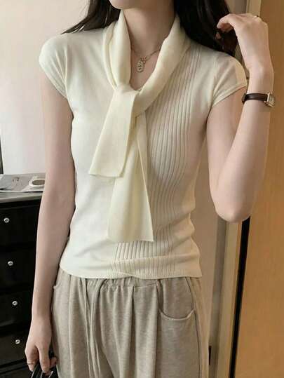  [Y6Y] 白色系带无袖针织衫，V领连帽T恤上衣，适合搭配运动裤，休闲日常穿着