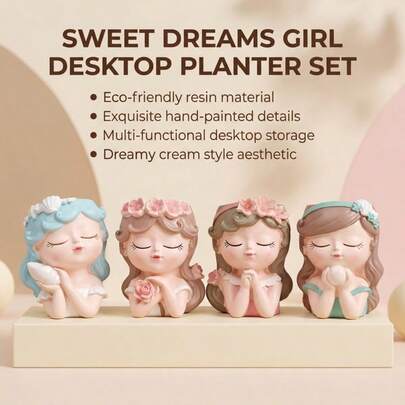 Juego de macetas de escritorio "Sweet Dream Girl" - Adecuado para escritorio/dormitorio, decoración del hogar con estética crema, almacenamiento multifuncional de escritorio y regalo creativo