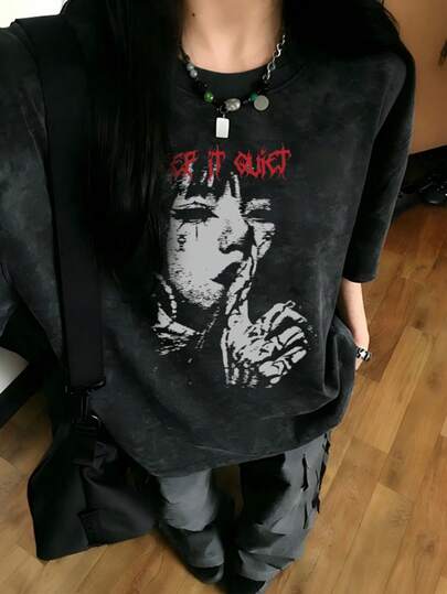 2026夏季新款女式休闲宽松圆领复古做旧人像印花T恤，美式街头风时尚百搭水洗短袖T恤