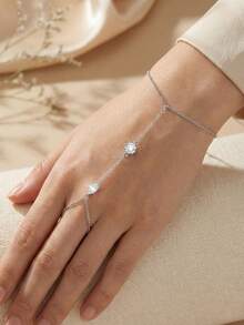 Pulseras de cadena para mano para mujeres, set de pulseras apilables ajustables, pulsera de anillo delicada de cadena para la mano - Amarillo Oro - Ver 3