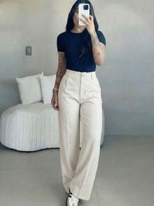 Women's High Waist Wide Leg Pants |   Spring Women's Clothing |   Casual Elegant Office Pants |   Spring Casual Wear |   Solid Color Loose Straight Bottoms |   Spring Apparel |   Women's Casual Wear |   Soft Comfortable Casual Pants |   Women's Casual Wear Matching |   Minimalist Fashionable Workwear |   Casual Suit |   New Year Preparation |   Essential For Spring & Autumn, No Belt Included - 白色 - 查看 8