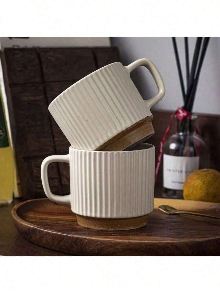 [Minimalist Style Ceramic Cup] High-Quality Ivory White Coffee Cup, 240ml Large Capacity Mug, Thick Wall Heat-Resistant Handle
