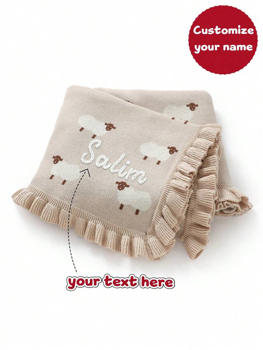 Manta de algodón tejida a mano con patrón de cordero, bordes con volantes, personalizada con nombre de bebé, apta para todas las estaciones - Camel - Ver 1