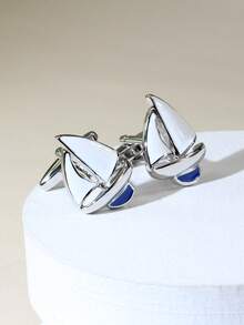 1 Pair Blue & White Sailboat Enamel Cufflinks For Men - White - View 4