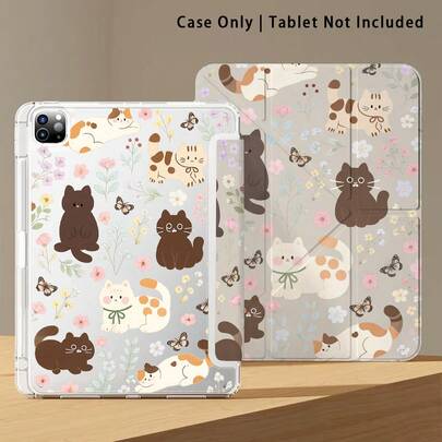 亚克力水晶保护壳，饰有黑猫、白猫、黄猫、花卉和蝴蝶图案，兼容荣耀和苹果平板电脑。防弯折，加固硅胶边缘，自动唤醒/睡眠功能，内置笔槽，多角度可折叠支架——完美日常保护，理想礼物之选。