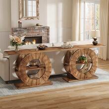 LITTLE TREE 41" Solid Wood Console Table With Storage, Farmhouse Sofa Table With 3-Tier Shelves & Carved Circle Base For Living Room, Hallway, Foyer - 棕色 - 查看 11