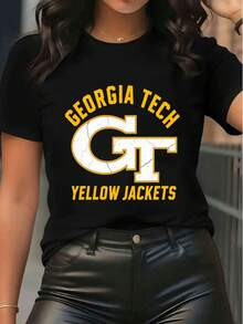 Women's Georgia Tech Yellow Jackets Graphic Print Short Sleeve T-Shirt, Casual Crew Neck Cotton Tee Top For Game Day College Sports Fan Apparel  Women's Casual Wear,Tops For Women,Women Tops,Women's Tops Clothes ,Women Tops, Blouses & Tee  Camiseta Para Mujer,Motif Women Clothes,Summer Clothes,Spring Outfits For Women,Graphic Tees Women,Black Top,Summer Tops, - màu đen - Xem 1