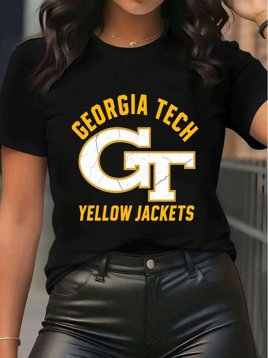 Women's Georgia Tech Yellow Jackets Graphic Print Short Sleeve T-Shirt, Casual Crew Neck Cotton Tee Top For Game Day College Sports Fan Apparel Women's Casual Wear,Tops For Women,Women Tops,Women's Tops Clothes ,Women Tops, Blouses & Tee Camiseta Para Mujer,Motif Women Clothes,Summer Clothes,Spring Outfits For Women,Graphic Tees Women,Black Top,Summer Tops, - màu đen - Xem 1