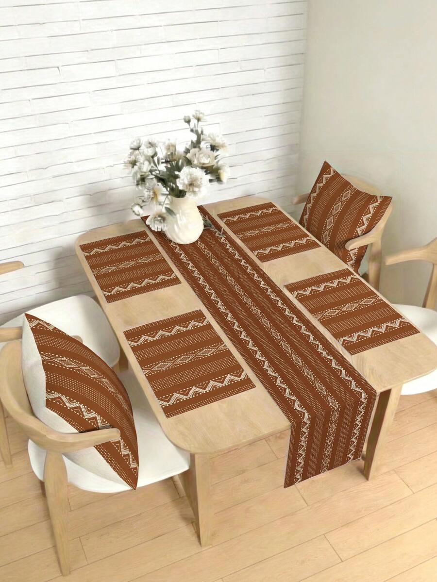 1/4/5/6/7pcs Minimalist Geometric Decor Set, Linen-Like Material, Suitable For Room, Dining Room, Fireplace, Placemats, Coasters, Home Decor - Brown - View 1