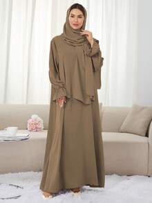 1pc Soft Dress With Attached Hijab, Floral Sleeve Design, Classic Versatile Abaya Spring - Multicolor - View 29