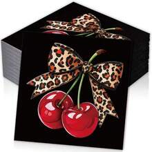 D50 Pcs Cheetah Cherry Cocktail Napkin Disposable Paper Napkin Red Black Leopard Bow Drink Beverage Napkins For Girls Women Home Party Tableware Plies Decor - Đỏ Đen - Xem 8