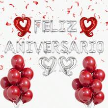 45pcs Spanish Anniversary Balloon Set, 16inch Silver "Feliz Aniversario" Letter Balloons, Heart Balloons, Suitable For Anniversary, Wedding Anniversary, Celebration, Couples - Multicolor - View 3