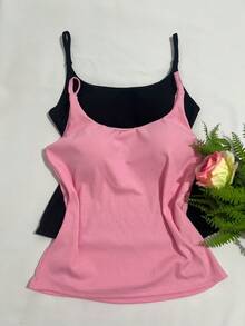 Set Of 2 Women's Tank Tops With Thin Straps, Ribbed Knit Material And Padded Cups. - Black Baby Pink - View 2