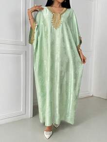 Women's Elegant Patchwork Gold Ribbon V-Neck Loose Mint Satin Arabic Abaya, Luxury Kaftan & Jalabiya,Wedding Party Dress,Wedding Guest Outfit,Summer Holiday Outfits - Mint Green - View 5