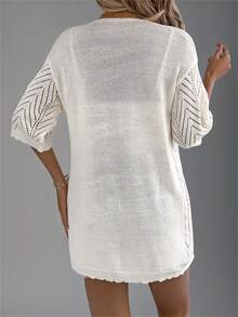 Summer New Hollow Out Short Sleeve Knit Cardigan, Vacation Beach Cover Up Thin Jacket For Women - Apricot - View 2