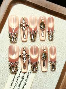 10pcs Handmade Ready-To-Wear Fake Nails, T-Shape Style, Shiny Pink Cat Eye Effect, Multiple Rhinestone Styles, Cool Girl Style, Reusable - 珊瑚粉 - 查看 3