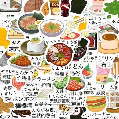 60张食物主题日语单词贴纸，食物插画创意日语词汇学习DIY