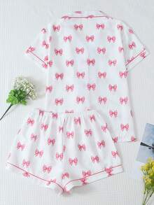 2pcs Comfortable Butterfly Print Short Sleeve Collared Top With Pocket And Butterfly Shorts Pajama Set For Women - White - View 2