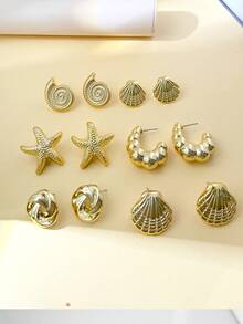Set de 2-10 piezas de aretes casuales con diseño asimétrico de estrella de mar y concha, adecuado para fiesta, regalo, playa, cumpleaños, uso diario - Dorado - Ver 3