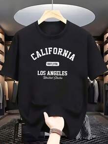 Men's Casual T-shirt,Summer New Arrival Black Cotton Short Sleeve T-shirt with California Los Angeles Words - Negro - Ver 1