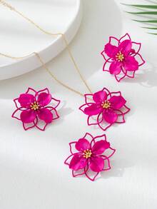 Bộ trang sức phong cách Boho gồm bông tai, dây chuyền và nhẫn màu hồng cánh sen, thiết kế hoa rỗng, thích hợp cho kỳ nghỉ và đeo hàng ngày. - Màu Hồng Tươi - Xem 3