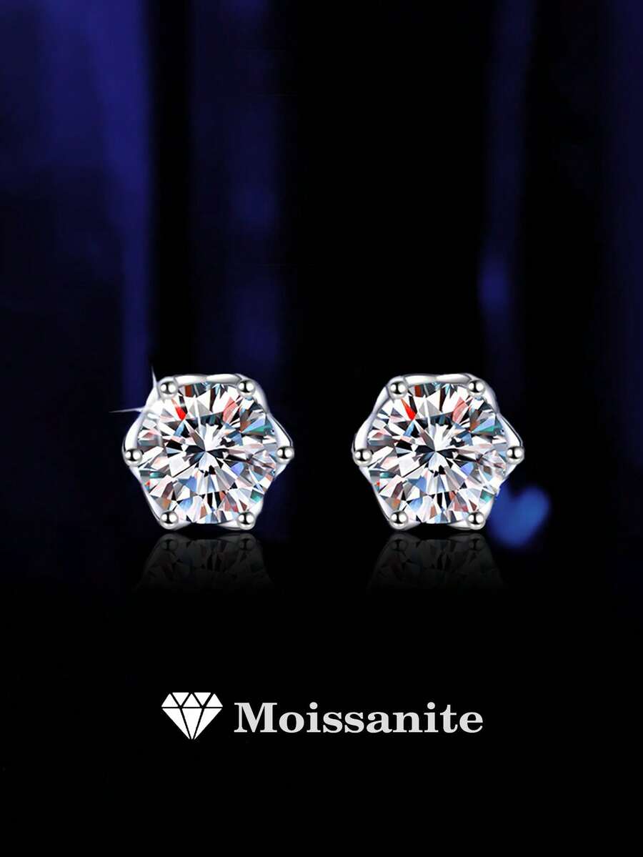 2pcs Fashionable & Exquisite 925 Sterling Silver 0.5-1 Carat Moissanite Earrings, Suitable For Women's Daily Wear, Party, Vacation, Valentine's Day, Mother's Day, Birthday Jewelry Gift - Silver - View 1