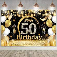 AFYPRTY 1件210x150厘米涤纶黑色金色闪光30岁40岁50岁60岁生日背景布，闪亮钻石数字气球礼品香槟拍照背景，适用于成人派对装饰、里程碑庆祝摄影棚道具 - A - 查看 19
