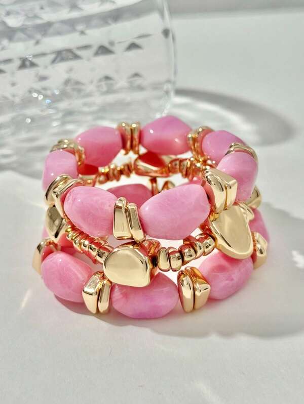 3 piezas Pulsera vintage multicapa de cuentas acrílicas rosas, pulsera transformable de piedras trituradas doradas, adecuada para mujeres, parejas, fiestas, uso diario