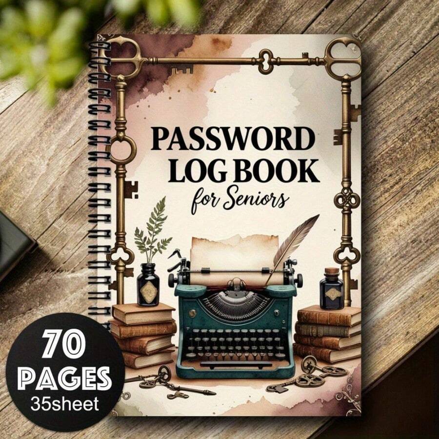 70-Page Vintage Password Notebook - Spiral Bound Notebook With Antique Key And Pen Design, Suitable For Internet And Computer Login, Website Records, Username And Password Management, Home Or Office Organization | Retro Aesthetic Notebook | Durable Cover - A5 - View 1