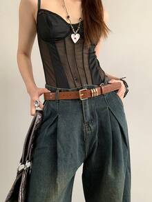 1条女士棕色PU材质高端小众金属环扣腰带 - 棕色 - 查看 3