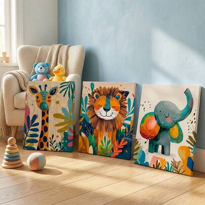 3pcs/Set, Customizable Frames, Modern Art Animal Canvas Wall Art Prints - Lion, Elephant And Giraffe Portrait Posters, Suitable For Living Room, Bedroom And Home Office