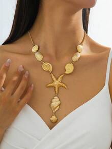 1pc Ocean-Inspired Gold Starfish & Faux Pearl Shell Pendant Necklace, Bohemian Beach Jewelry Suitable For Women, Summer Vacation, Weddings, Parties, And Daily Wear - Gold - View 4