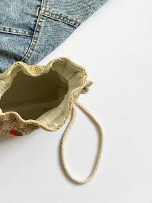 1个女童草莓图案编织纸抽绳单肩包，适合春夏休闲穿着 - 彩色 - 查看 5