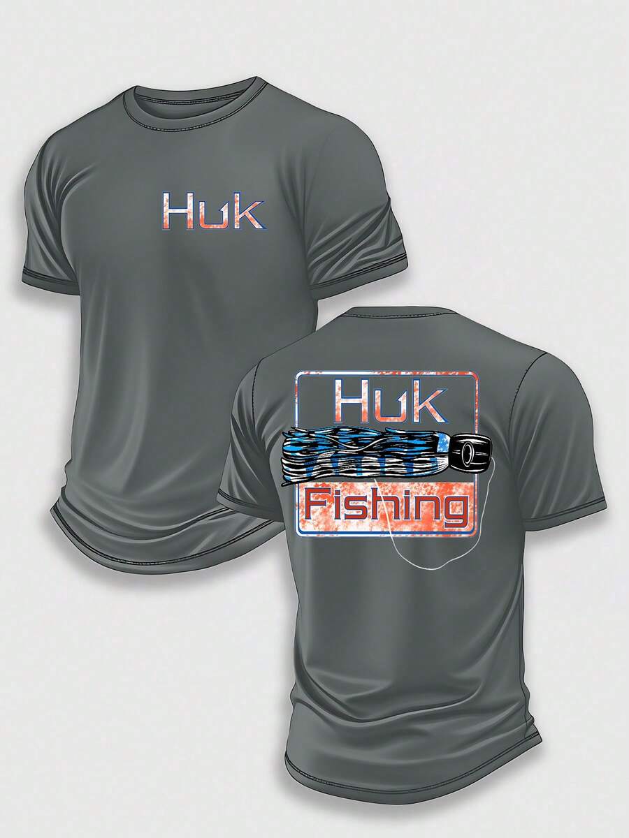 (220 Pieces Of Pure Cotton T-Shirts)HUK VINTAGE LURE Performance Fishing T-Shirt, Moisture Wicking Quick Dry Tee, High-Quality Graphic Printed Outdoor Sportswear, Men's Short Sleeve Shirt, Retro Jig Lure Art, Industrial Graphic Design, Holiday Gift, Performance Gear, Lightweight Breathable, Camisetas Para Hombre, Men Vacation Outfits, Urban Outdoor Style - 灰色 - 查看 1