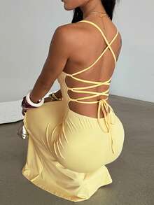 WOWDARK Summer Dress, Yellow Fashionable Women's Casual Minimalist Spaghetti Strap Backless Tie Waist Elegant Dress, Suitable For Carnival, Dates, Gatherings, Parties, Travel, Vacation, Beach And Other Occasions - Yellow - View 9