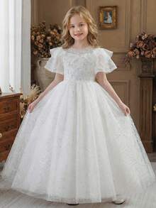 Girls' White Embroidered Flower Girl Wedding Dress, High-End Mini Wedding Gown - White - View 2