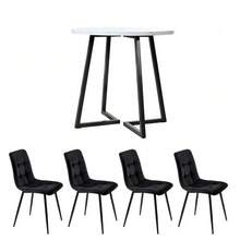 Dining Room Set (5 Pieces), Modern Table And Chair Set, Round Kitchen Table 80 Cm In Diameter With Black Metal Legs, White MDF Top And Black Velvet Chairs. - Black - View 3